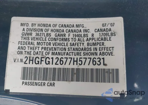 2007 Honda Civic Lx из США, поврежденный, VIN 2HGFG12677H577631